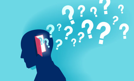 Vector of a human head with question marks flying from head, mental health and memory problemのイラスト素材