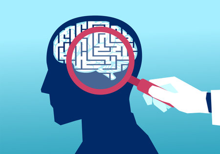 Vector of a doctor with magnifying glass examines human maze brain. Mental health conceptのイラスト素材