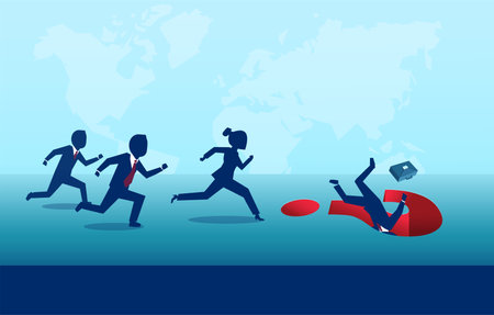 Group of business people running after a leader who fell into a question mark trapのイラスト素材