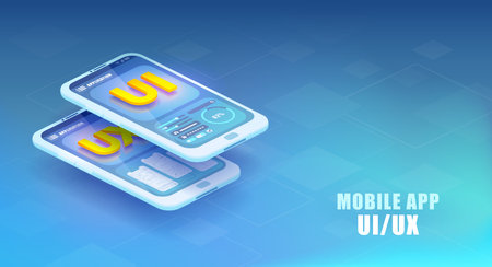 Toolkit UI UX creator. Mobile application design concept. Isometric vector of a smartphone mockup with active blocks and connections, process of creation of the user interface.のイラスト素材