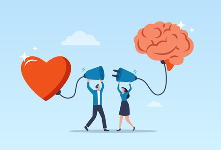 Emotional intelligence and control of feelings concept. Vector of a man and a woman connect heart with a brain.のイラスト素材