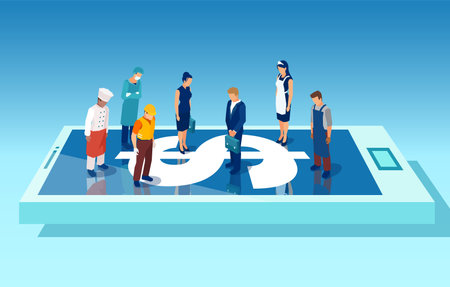 Vector of a group of people of different occupations standing on a big smartphone with a dollar sign on displayのイラスト素材