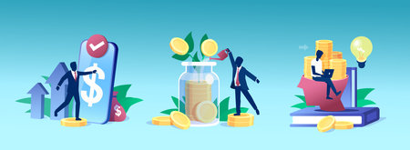 Financial wisdom, freedom and education. Vector of people investing money in self development, education and passive incomeのイラスト素材
