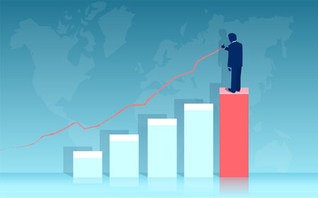 Vector of a businessman standing on a bar graph drawing future world economy growth projectionのイラスト素材