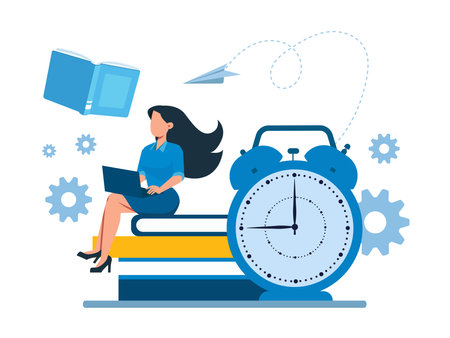 Vector of a female student studies reading books uses online resourcesのイラスト素材
