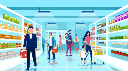 Vector of a group of people shopping at the supermarket, choosing products on shelvesのイラスト素材