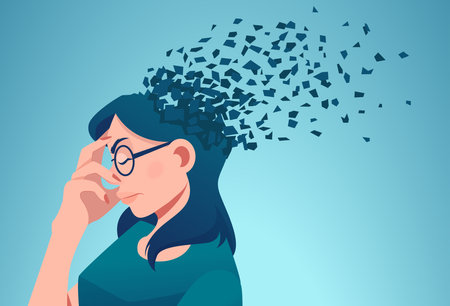 Memory loss due to dementia or brain damage. Vector of a woman losing parts of head as symbol of decreased mind function.のイラスト素材