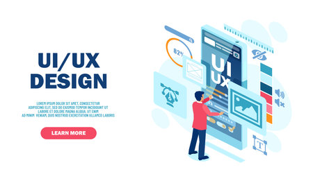 Vector of a man creates a custom design for a mobile application, Ui UX design.のイラスト素材