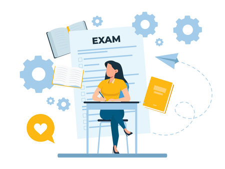 Vector of a female student studies reading books uses online resourcesのイラスト素材