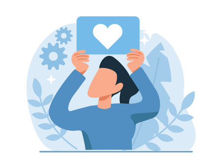 heart button concept. Vector of a woman with love symbol. Feedback or evaluation on social networks.のイラスト素材