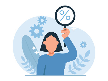 Vector of a young woman with magnifying glass looking for the best dealのイラスト素材