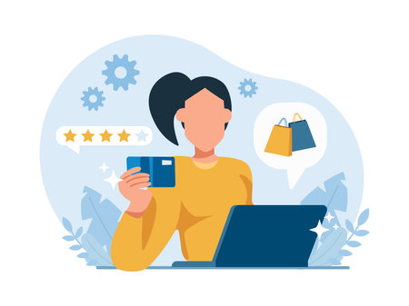 Vector of a young woman shopping online paying with credit cardのイラスト素材