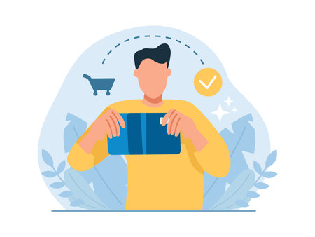Vector of a young man with discount credit card shopping onlineのイラスト素材