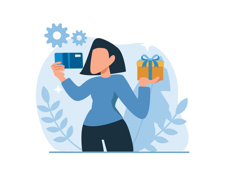 Vector of a young woman with a gift card and a boxのイラスト素材