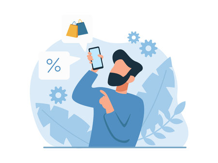 Vector of a young man advertising mobile shopping app with great discountsのイラスト素材