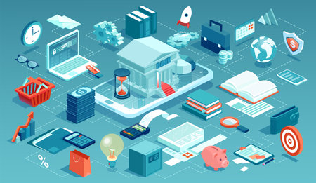 isometric vector on the theme of banking, finance, money and secure technologyのイラスト素材