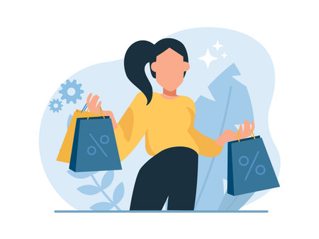 Vector of a happy woman with shopping bags and discount dealsのイラスト素材