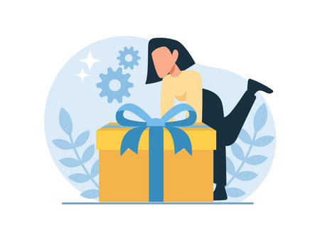 Vector of a young happy woman opening a gift boxのイラスト素材