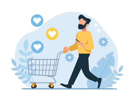 Vector of a young man walking with a shopping cartのイラスト素材