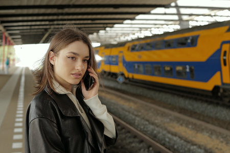 Portrait of a young woman talking on mobile phone waiting for a train at a stationの写真素材