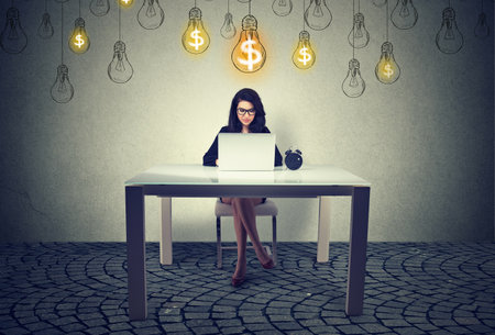 Professional woman using a laptop building online business making money dollar bills light bulbs above her headの写真素材