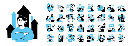 Illustration set of businesspeople  and various activities of company and project management, online communication,  finance, marketing.のイラスト素材