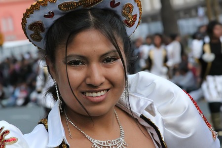 Buenos Aires, Argentina - October 16, 2010: Bolivian immigrants in Buenos Aires celebrate the Virgen de Copacabana (virgin of copacabana), the patron saint of Bolivia in traditional clothes and dancesのeditorial素材