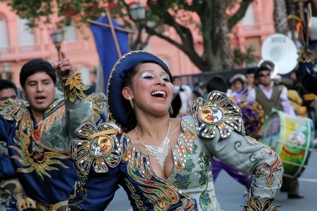 Buenos Aires, Argentina - October 16, 2010: Bolivian immigrants in Buenos Aires celebrate the Virgen de Copacabana (virgin of copacabana), the patron saint of Bolivia in traditional clothes and dancesのeditorial素材