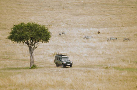 An all terrain vehicle on a road in the Masai Mara game reserve in Kenya  Some zebra in the background の写真素材