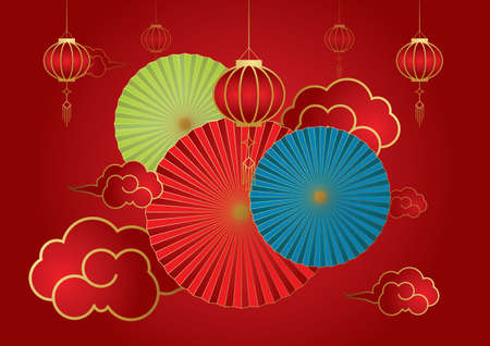 Vector background design of Chinese umbrella shades of Chinese color for Chinese New Year greetings.のイラスト素材
