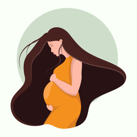 Happy pregnant woman flat design illustration. Beautifully decorated with leaves. vector pregnancy design of a mother carrying her childのイラスト素材