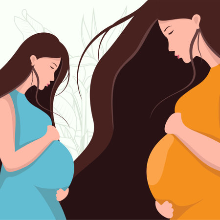 Happy pregnant woman flat design illustration. Beautifully decorated with leaves. vector pregnancy design of a mother carrying her childのイラスト素材