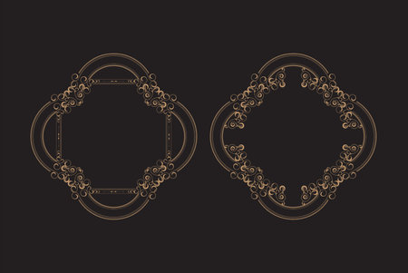 Golden border frame set template with ornamental corner lines, oval or circle shape, vector frame decoration pattern styleのイラスト素材