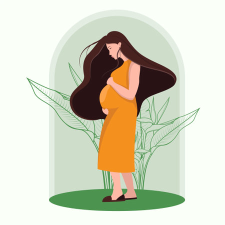 Happy pregnant woman flat design illustration. Beautifully decorated with leaves. vector pregnancy design of a mother carrying her childのイラスト素材