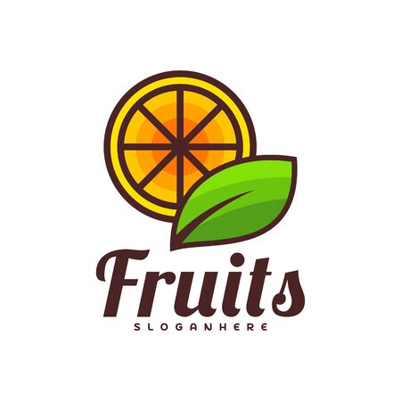 Orange fruit with green leaf logo design. Food logo vector template.のイラスト素材