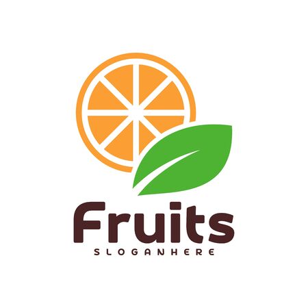 Orange fruit with green leaf logo design. Food logo vector template.のイラスト素材