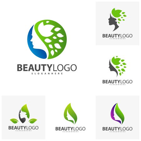 Set of Woman's face in flower leaves. Abstract design concept for beauty salon, massage, cosmetic and spa. Vector female logo design template.のイラスト素材