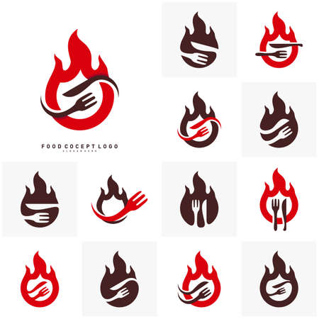Set of Hot Steak Logo Vector with Flame, Fork, and knife shape. Food Fire Logo Template - Vectorのイラスト素材