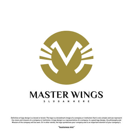 Wings M letter logo. Initial M Wings Logo Template. Golden creative alphabet, air emblem - Vectorのイラスト素材