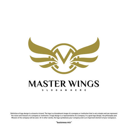 Wings M letter logo. Initial M Wings Logo Template. Golden creative alphabet, air emblem - Vectorのイラスト素材