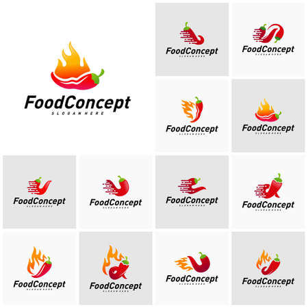 Set of Hot Food Logo Concept Vector. Red Chili logo Design Template Vector. Hot Chili Icon Symbolのイラスト素材