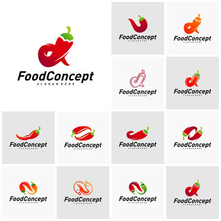 Set of Hot Food Logo Concept Vector. Red Chili logo Design Template Vector. Hot Chili Icon Symbolのイラスト素材