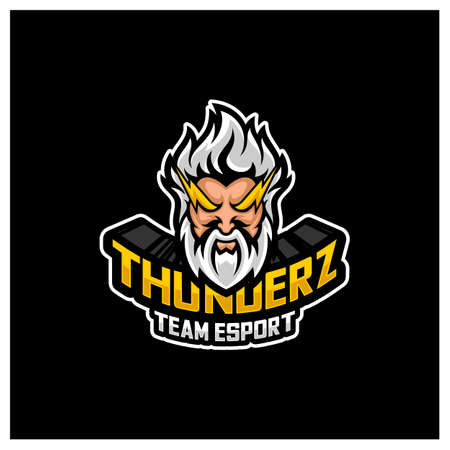 Zeus Thunderbolt Esport gaming mascot logo template Vector. Modern Head Zeus Thunderbolt Logo Vector, Illustrationのイラスト素材