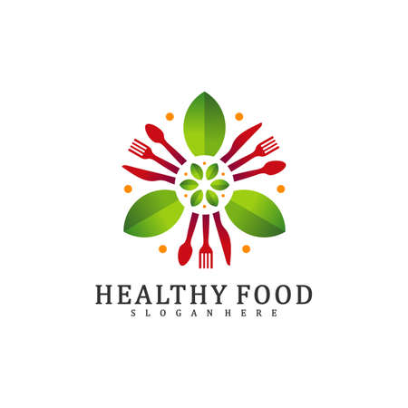 Healthy Food Logo Design Template, Food with leaf logo design concept vector, Icon Symbolのイラスト素材