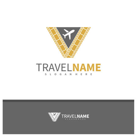 Film Airplane with Letter V logo design vector, Creative Travel logo concepts template illustration.のイラスト素材