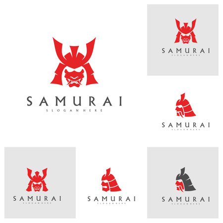 Set of Samurai head logo design vector. Samurai warrior logo templateのイラスト素材