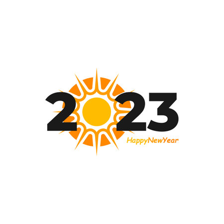 Happy New Year 2023 text with Sun design concept. Cover of business diary for 2023 with wishes. Brochure design template, card, banner. Vector illustration. Isolated on white background.のイラスト素材