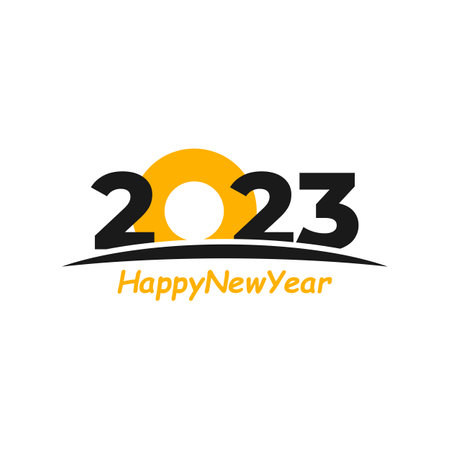 Happy New Year 2023 text with Sun design concept. Cover of business diary for 2023 with wishes. Brochure design template, card, banner. Vector illustration. Isolated on white background.のイラスト素材