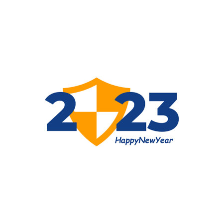 Happy New Year 2023 text with Shield design concept. Cover of business diary for 2023 with wishes. Brochure design template, card, banner. Vector illustration. Isolated on white background.のイラスト素材