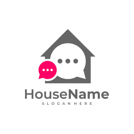 Home and talk logo - house with chimney and chat or message symbol. Realty and estate agency, discussion, conversation and communication vector icon.のイラスト素材